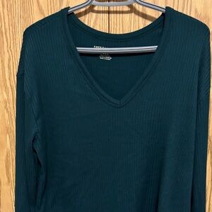 American Eagle Outfitters Ribbed V-Neck Long Sleeve Top - Teal